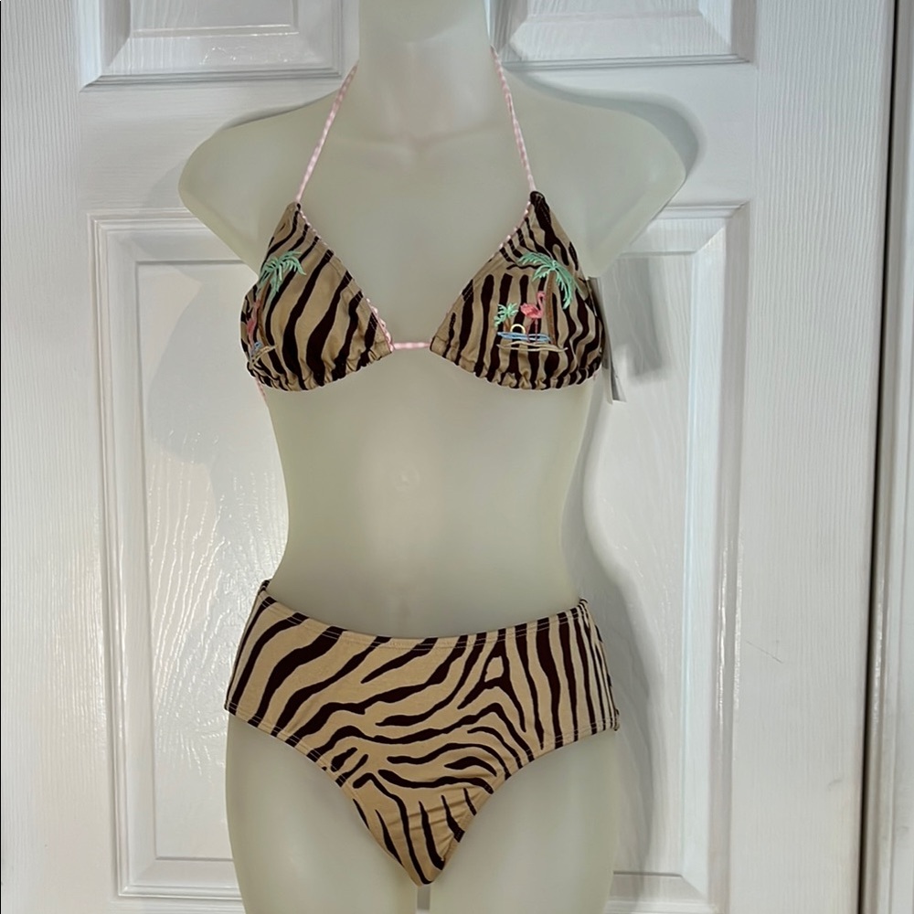 Letarte Beige and Black Zebra Print Bikini with Embroidered Palms
